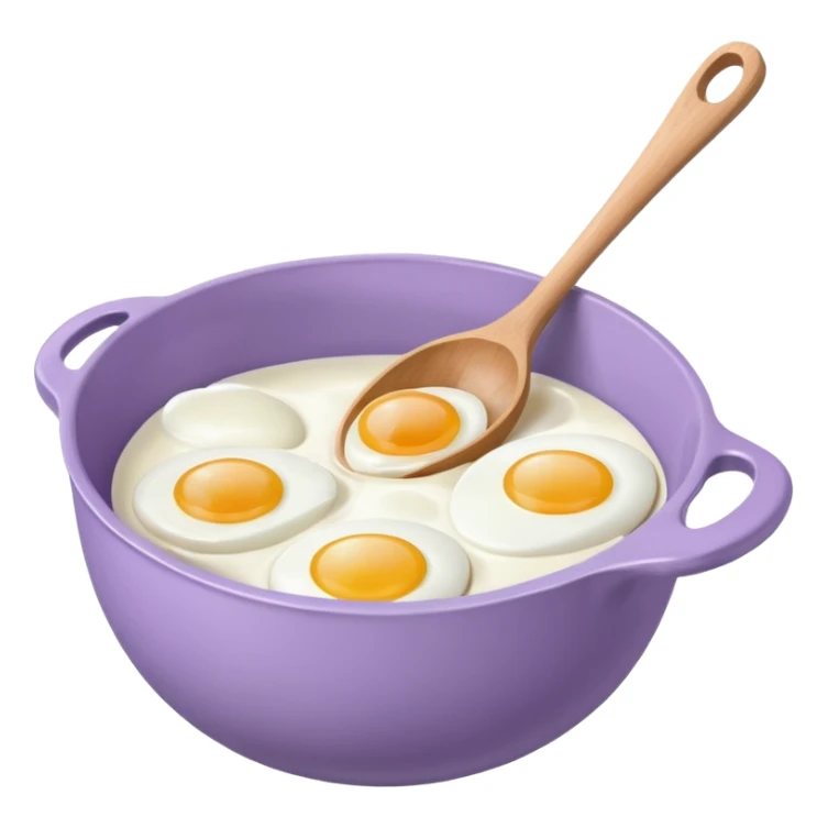 a lilac ceramic mixing bowl with a wooden spoon stirring and sitting next to it is a dozen eggs with the carton lid open sticker