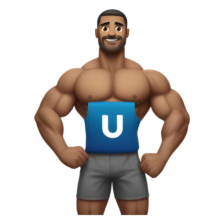 muscular male posing outdoors with UPTHELINK banner behind sticker