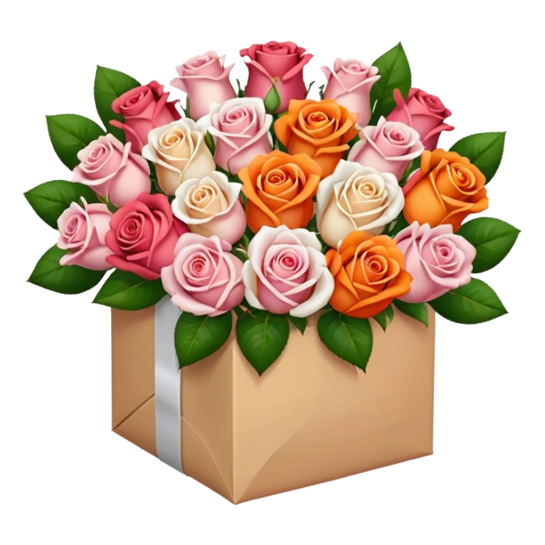 light pink Bouquet of red orange pink white roses in package sticker