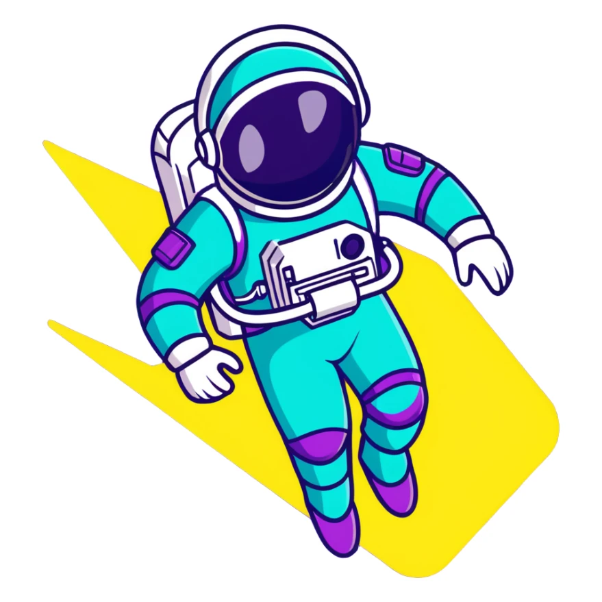 Stylized futuristic astronaut in mid-flight pose, sleek purple and neon teal suit, flat vector design, heroic silhouette, dynamic diagonal motion lines sticker