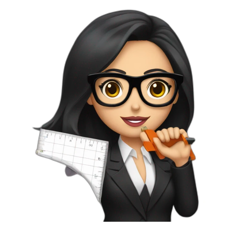 megan fox, wearing big black glasses and black suit, holding a ruler sticker