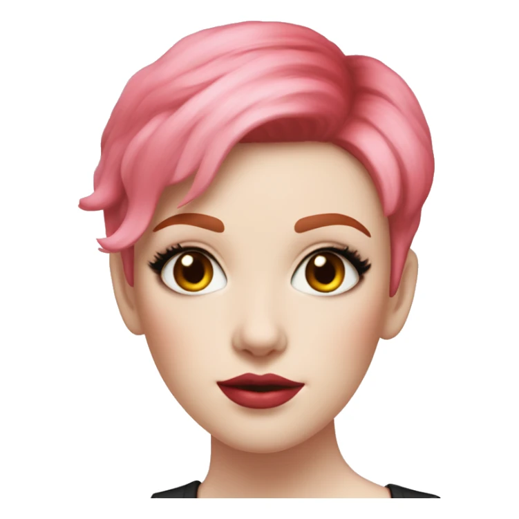 Woman with very pale skin, with bright red pixie cut hair, heavy eye makeup, cat eyeliner, long eyelashes, bright pink blush and bright pink lipstick  sticker