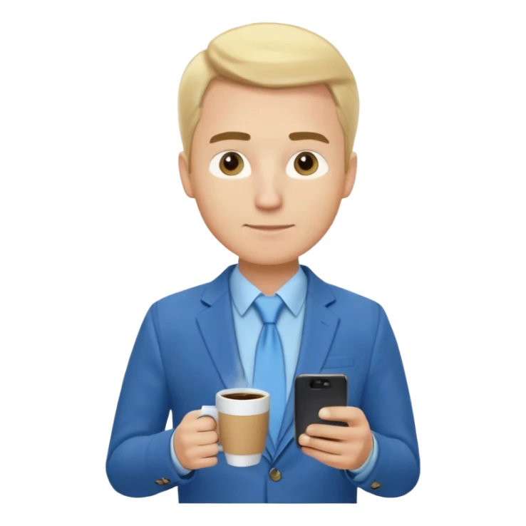 Confident male entrepreneur, Caucasian features, blonde hair, defined eyebrows, slight smile, wearing blue blazer over light blue shirt, holding a smartphone in one hand and a coffee cup in the other, waist-up, front-facing sticker