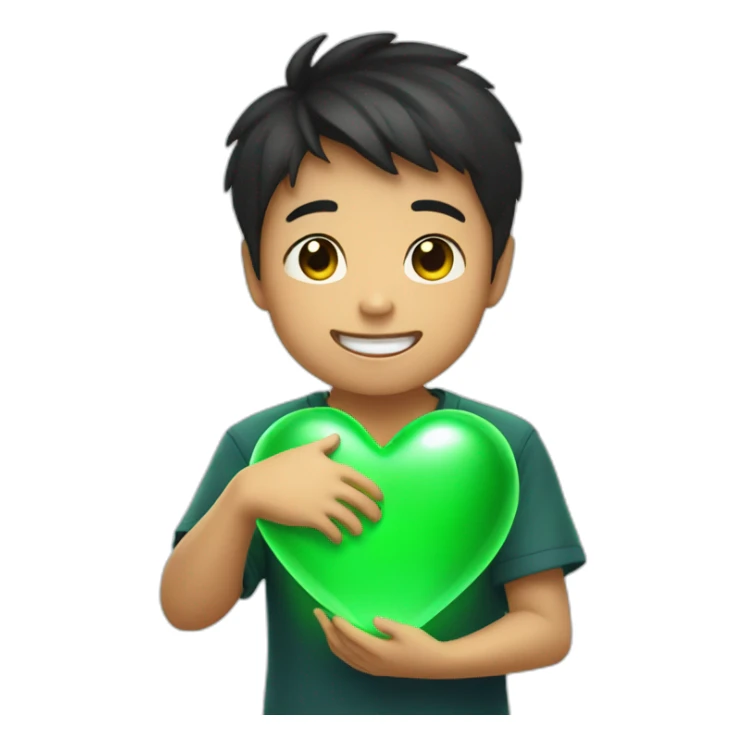 asian boy with a big glowing green heart in hand sticker