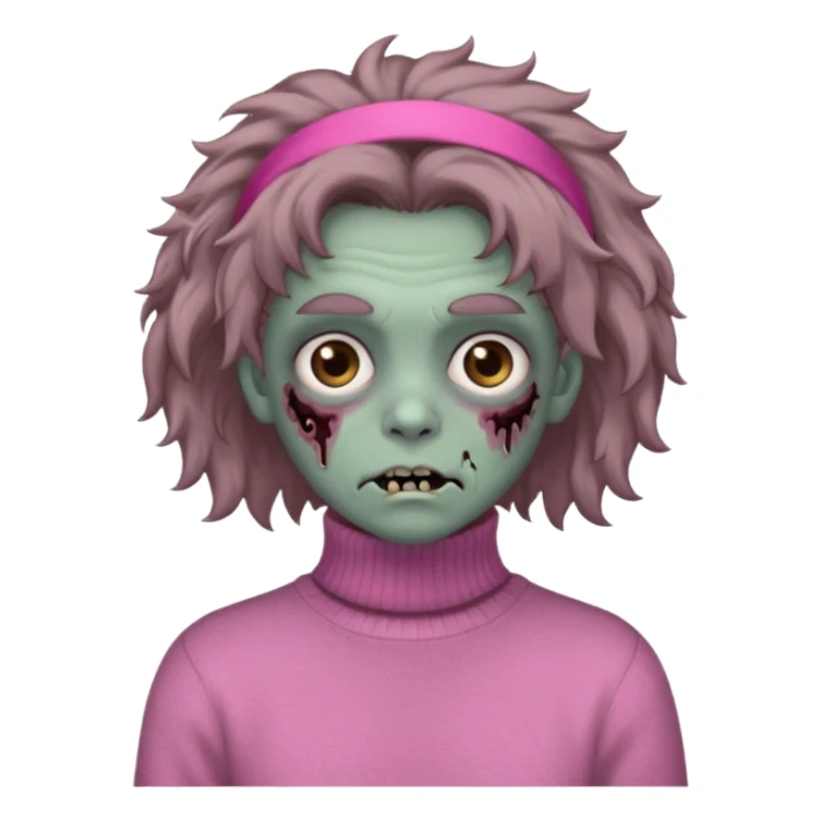 brown fluffy haired grey zombie with pink turtleneck sweater and hair band sticker