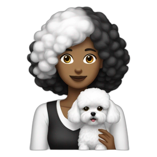 mujer pelo largo negro y perro bichon blanco sticker