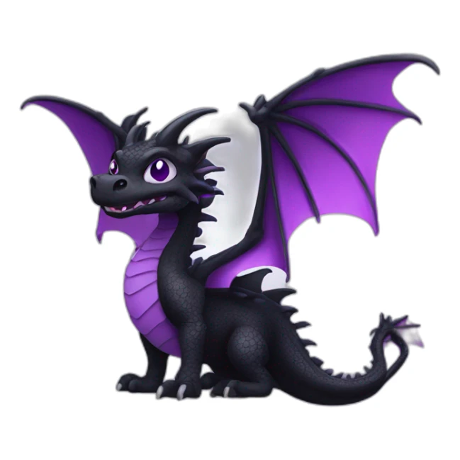 Digital art of a black dragon with a white neck and underside, a purple stripe and purple eyes. sticker