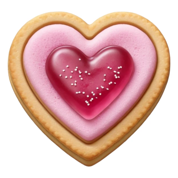 Realistic shortbread cookie in the shape of a heart with pink jelly middle filling and sprinkled powder sugar on top. sticker