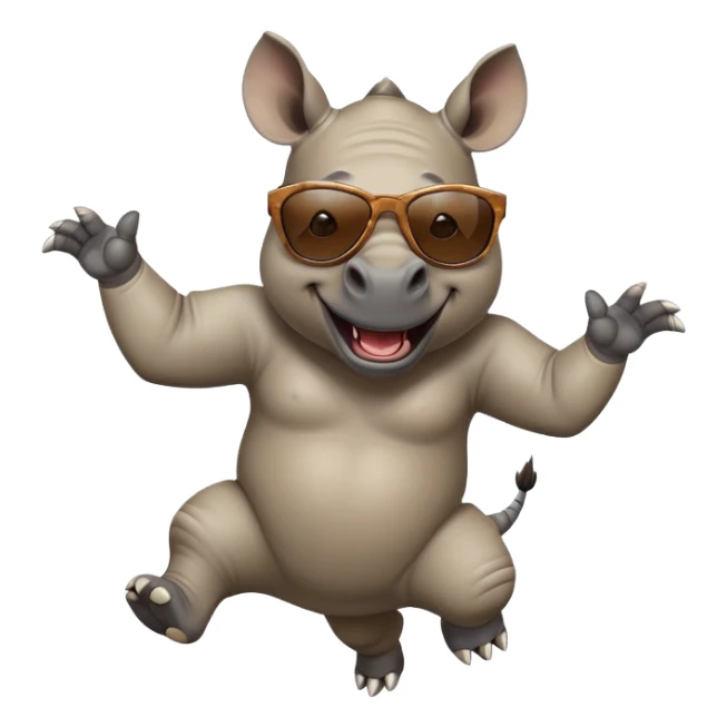 friendly anthropomorphised rhino jumping with excitement, wearing dark sunglasses, standard pose sticker