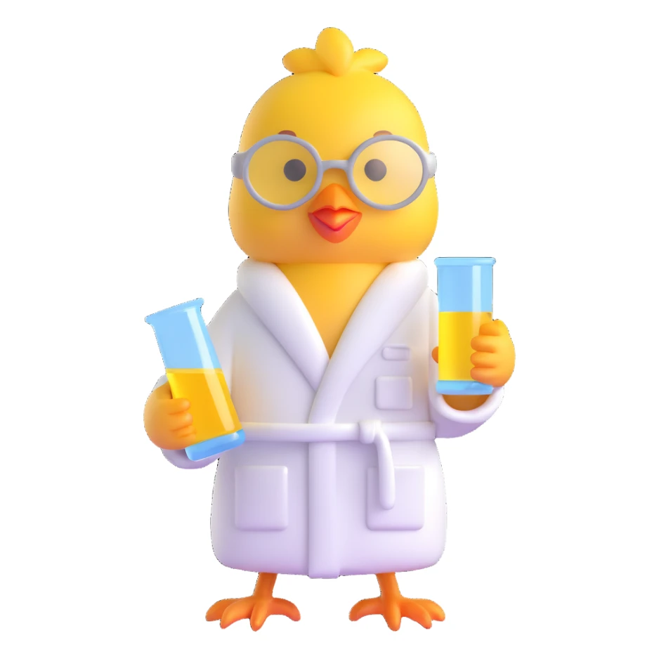 3D style yellow chick in a white bathrobe holding laboratory glassware sticker