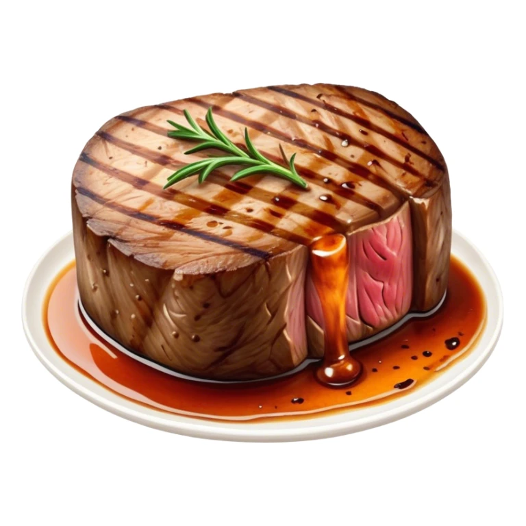 Cinematic thick-cut scotch fillet steak, perfectly seared with grill marks, a grilled center, rich and savory, warm glow, sizzling and mouthwatering, highly detailed and appetizing. sticker