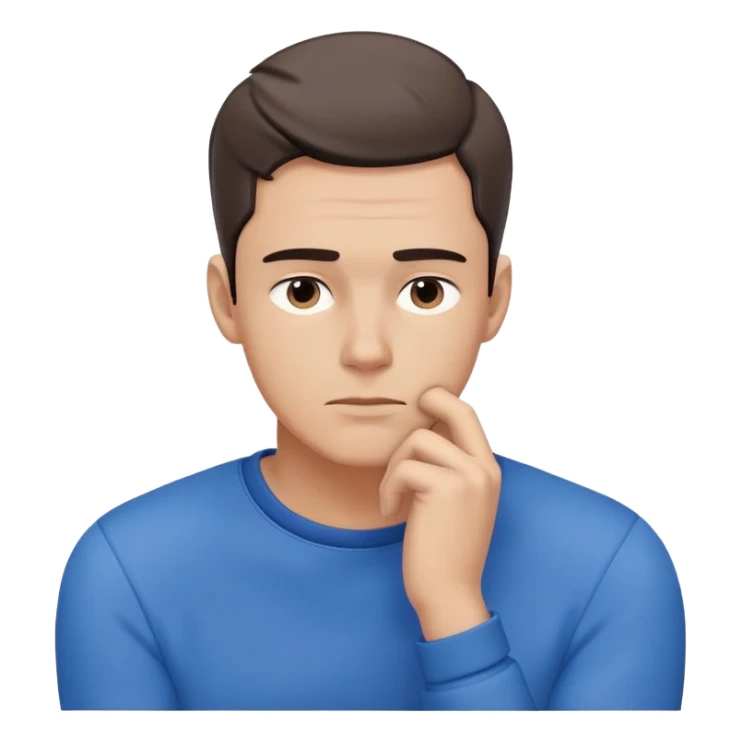 Close-up of a male character in blue clothing, with a thoughtful expression and hand resting on his chin, symbolizing deep thinking. Minimalist, modern style, focusing on facial expression and attire sticker
