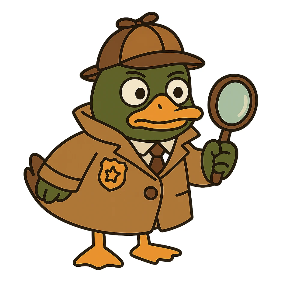 Make this mallard duck detective match the style and outfit of the first image: cute, cartoon, wearing a trench coat and detective hat, holding a magnifying glass, with no background. sticker