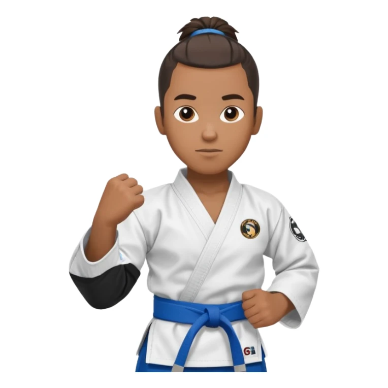 black karate instructor with ponytail and a low taper haircut, and a small fade on the sides with a blue belt and roger Gracie academy logo on the gi sticker