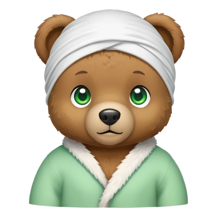 Cute brown teddy bear with innocent green eyes wearing a white wave durag perfectly tied, iOS emoji style sticker