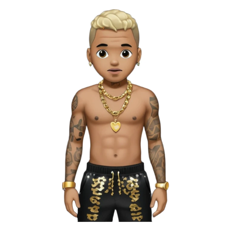 Chris Brown with black sequin baggy pants, shirtless with necklace sticker