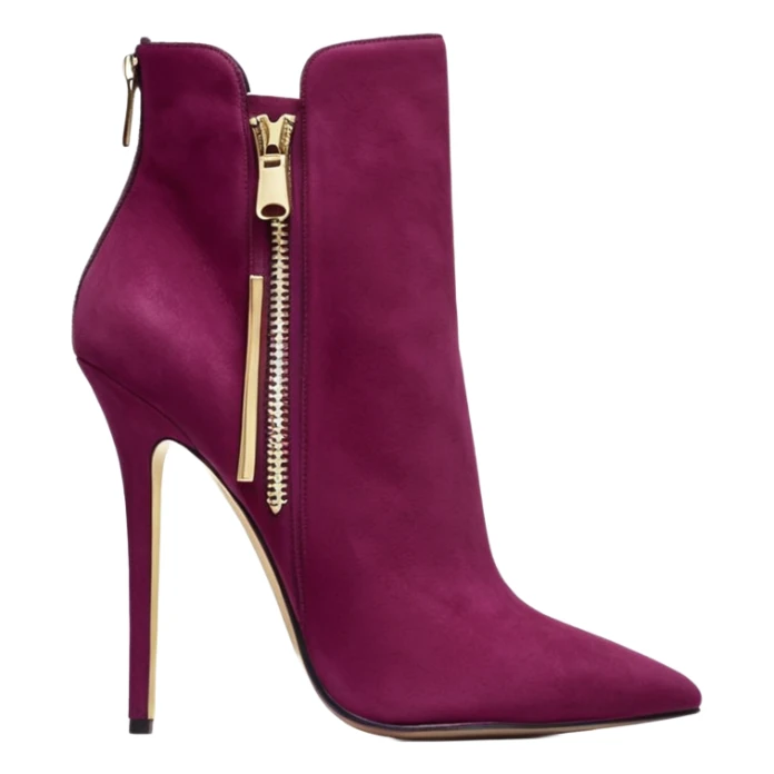 Hyper Realistic, Michael Kors dark raspberry color suede, both pairs of stiletto ankle bootie boots, detailed metallic shiny zipper sticker