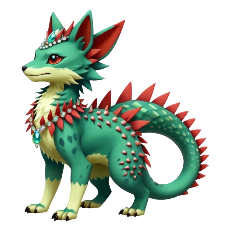 Kawaii cute greenish reddish colorful warm-colored exotic tropical beautiful pretty elegant divine edgy feline-vernid-sergal-Fakémon-Pokémon-fursona-animal-creature with accessories, jewelries, full body, with intricate detailed markings, spikes, crystals, fins, scales, spiny, feathered, headdress sticker