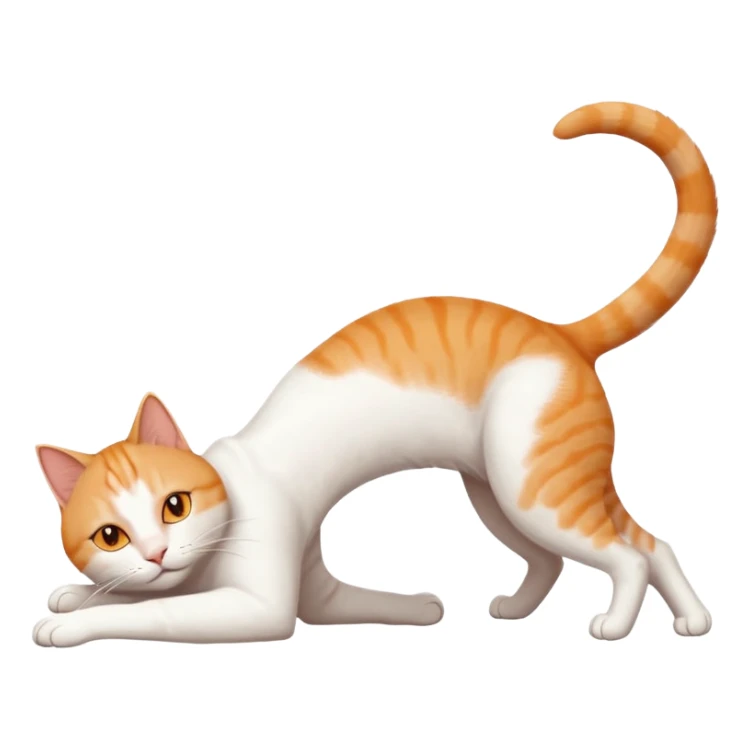 ginger and white cat with orange eyes doing a big extremely long stretch reaching up into the air with arms and legs side by side together straight and overextended whilst lying on its side sticker