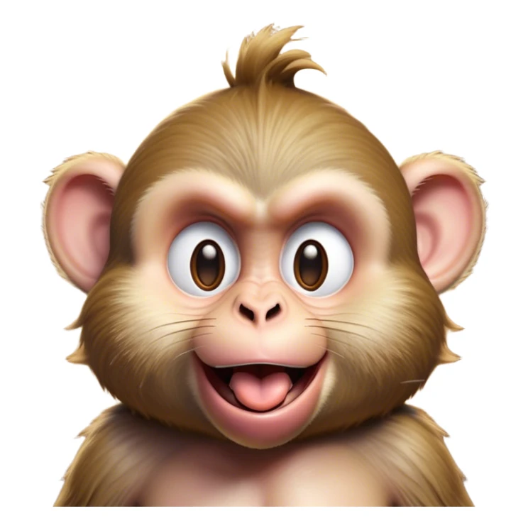 Cinematic Silly Macaque Portrait Emoji, Sporting a comically contorted face with crossed eyes and a tongue playfully sticking out, set against a backdrop of soft, detailed fur and a dynamic, agile build, Simplified yet humorously expressive features, highly detailed, glowing with a warm, jovial glow, high shine, exuberantly playful and cheeky, stylized with an air of quirky primate humor, soft glowing outline, capturing the essence of a silly macaque that appears ready to burst out of the screen with contagious laughter! sticker