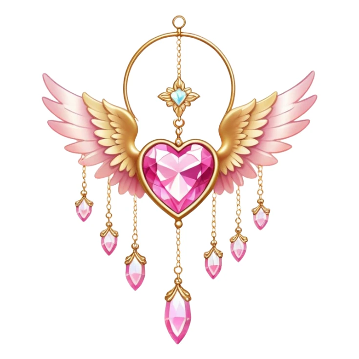 Reddish-pinkish and golden warm-colored romantic lush beautiful pretty hanging crystal-catcher aesthetic with hearts and sparkles and and white angel wings sticker