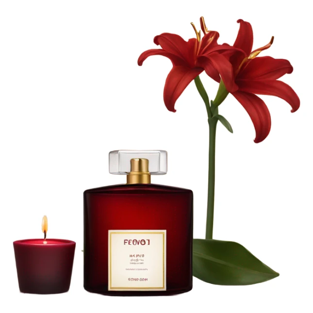 Dark red luxury perfume bottle with red lilies and a dark red candle sticker