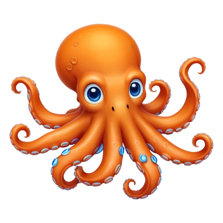 Cinematic Realistic Cute Octopus Portrait Emoji, Head tilted playfully and inquisitively, featuring a gracefully curving, compact body in vibrant orange adorned with delicate blue rings, and a charming, expressive face with round, sparkling eyes full of curious wonder; rendered with lifelike detail and soft natural highlights, high shine, affectionate and enchanting, styled with a touch of whimsical ocean magic, soft glowing outline, capturing the essence of a mischievous yet lovable octopus that seems poised to slither playfully into your arms! sticker