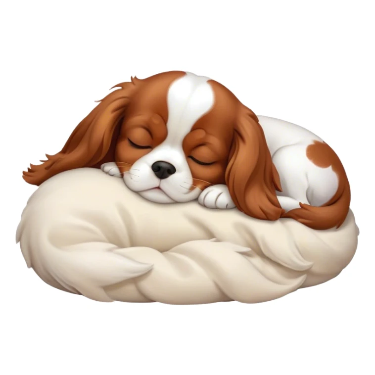 Cinematic cute Sleeping Cavalier King Charles Spaniel Portrait Emoji, cute and serene, with a round, endearing build and a plush, silky coat of rich chestnut and white, eyes gently closed in peaceful slumber, Simplified yet irresistibly endearing features, highly detailed, glowing with a gentle, dreamy glow, high shine, relaxed and content, stylized with a touch of whimsy, bright and heartwarming, soft glowing outline, capturing the essence of a blissfully sleepy companion, so comically serene it feels like it could roll out of the screen and snore with adorable charm! sticker