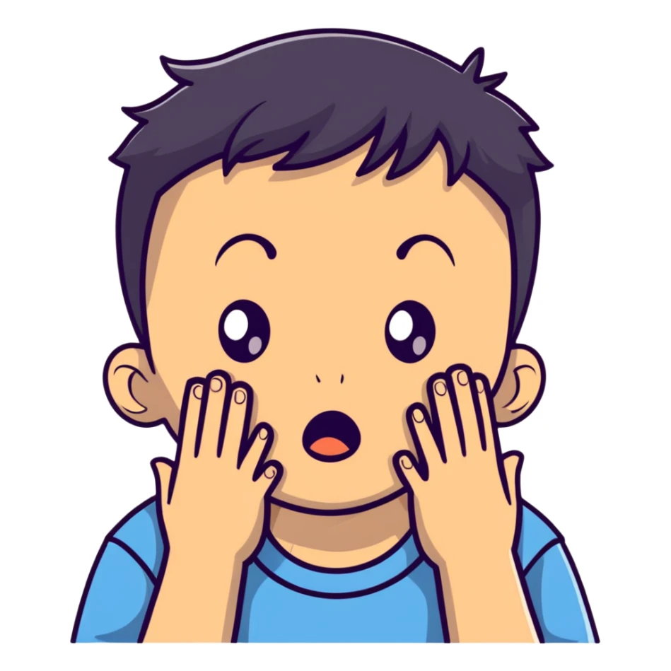 A young boy with both hands pressing on his cheeks, looking amazed or shocked sticker