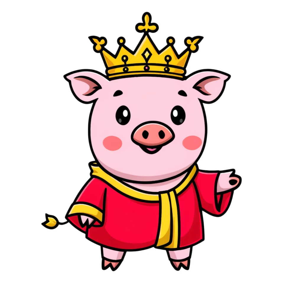 Pink pig wearing a golden crown and royal red robe, Technoblade sticker