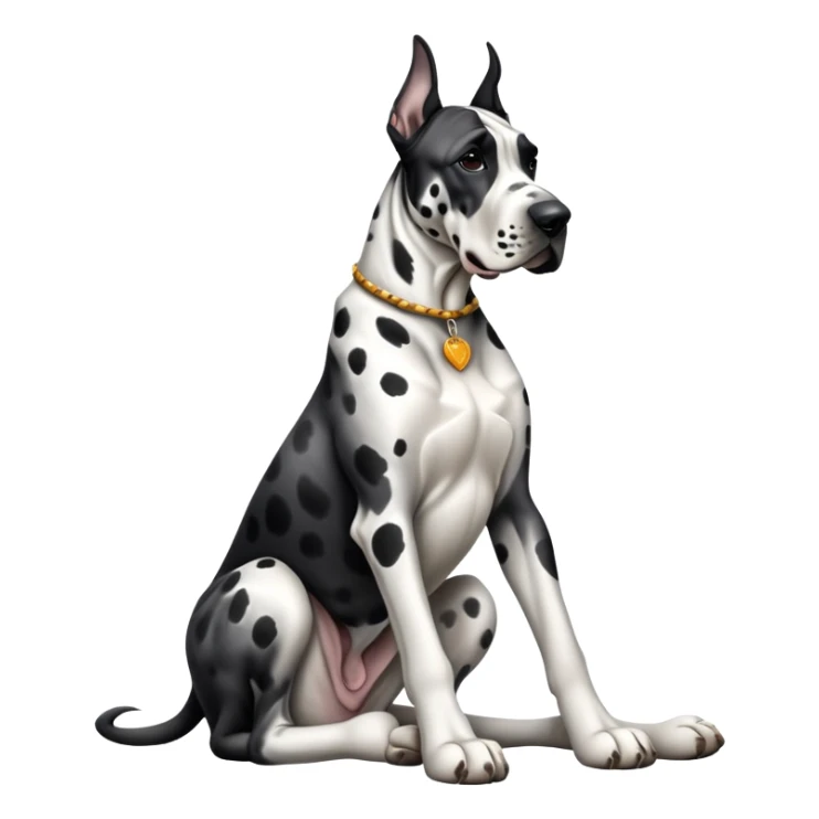 cinematic-[spotted great dane]-realistic-full-body-sitting-emoji,-tail-resting-loosely-beside-its-paws,-head-tilted-dramatically, ears drooped, -sleek-[black and white]-fur,-simplified-yet-realistic-focused-features,-highly-detailed,-glowing-with-an-almost-sarcastic-glow sticker