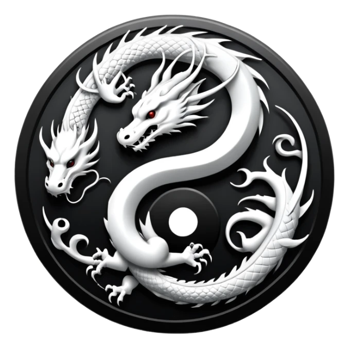 An icon symbolizing Eastern martial arts in the style of an emblem, featuring a black-and-white Yin-Yang symbol and a dragon at the center, surrounded by elements like a dojo. Transparent background highlights balance and power. sticker