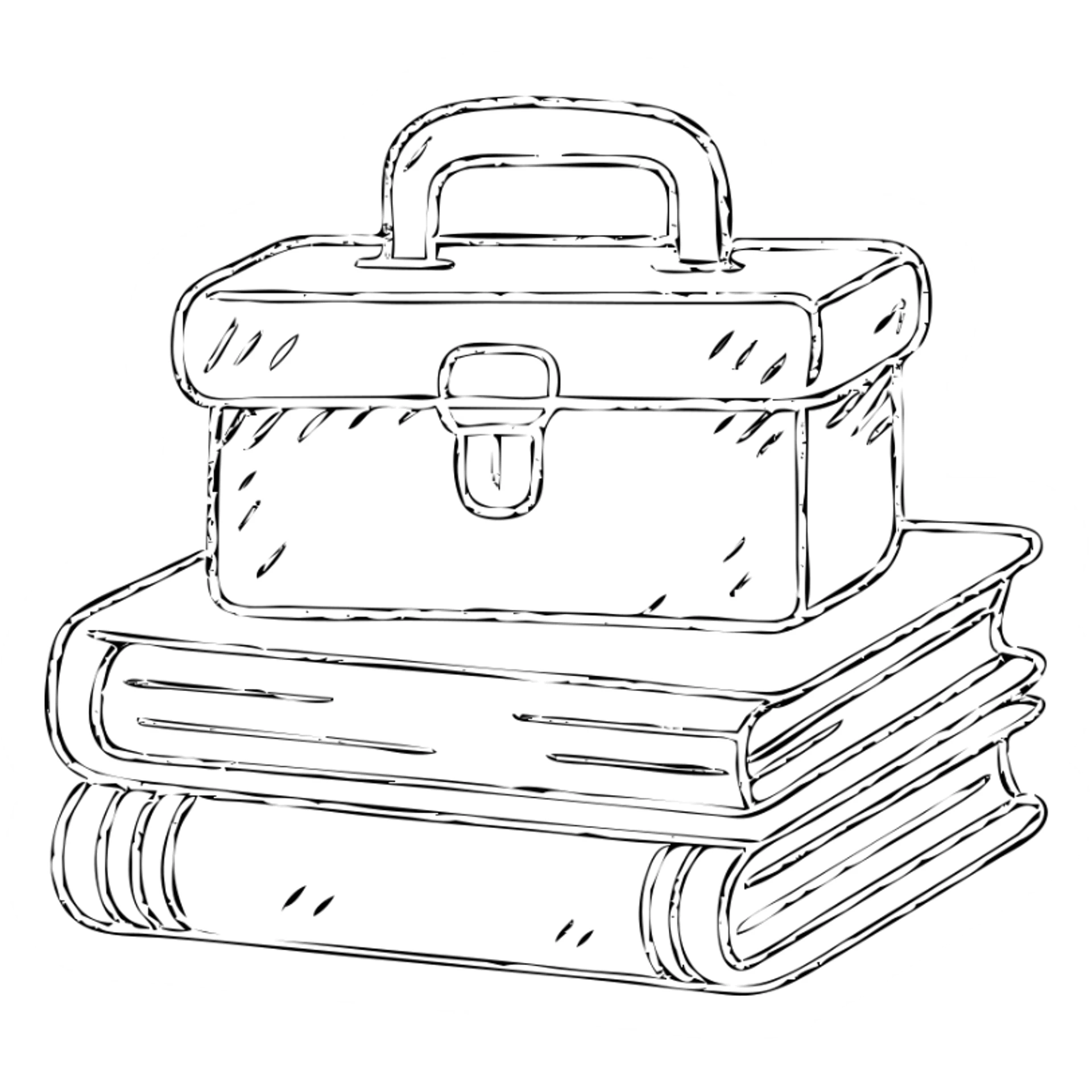 minimalist hand-drawn outlined icon representing Resources with books, toolbox, or stack of files, worn and distressed sticker