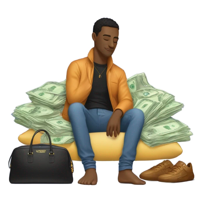 man sleeping on pillow and dreaming about a Porsche, money, birkin bag, credit card and luxury clothing brand bags sticker