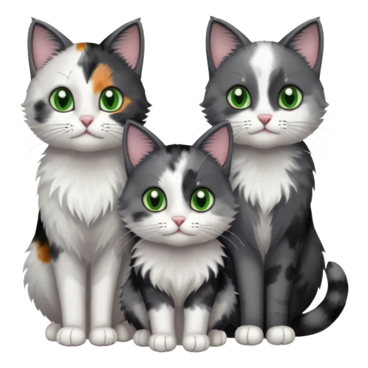 3 different coloured small cats including a dark grey and white, and a patchy calico and a completely solid dark grey with green eyes and only white paws\ sticker