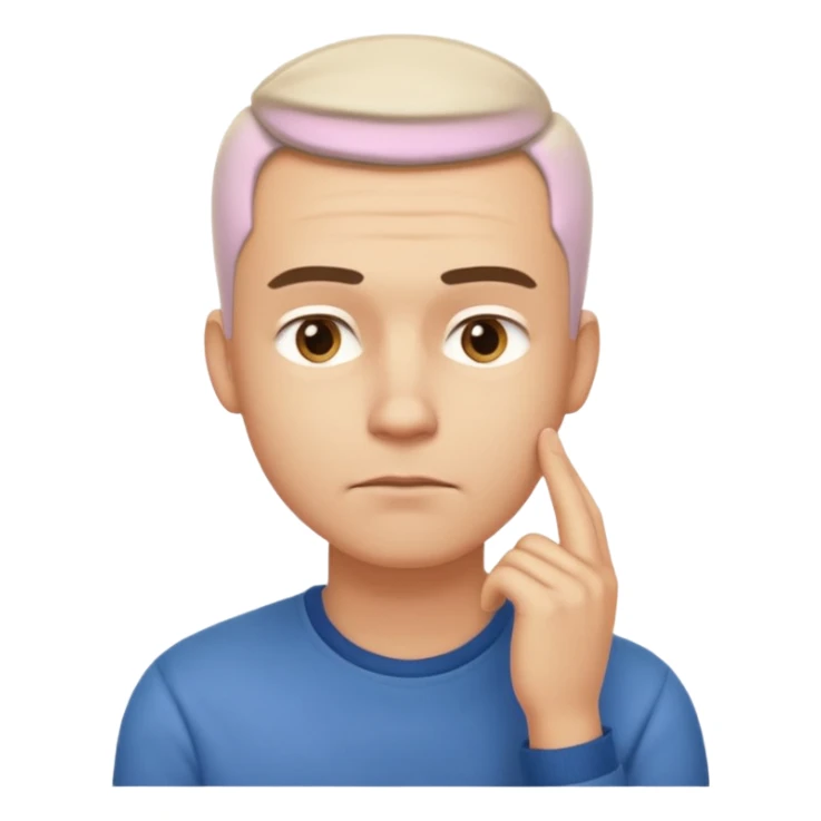 A clean-shaven man in casual clothing thinking critically, touching his chin with one hand, eyebrows slightly furrowed, focused and analytical expression. Neutral background, soft lighting, realistic emoji style. sticker