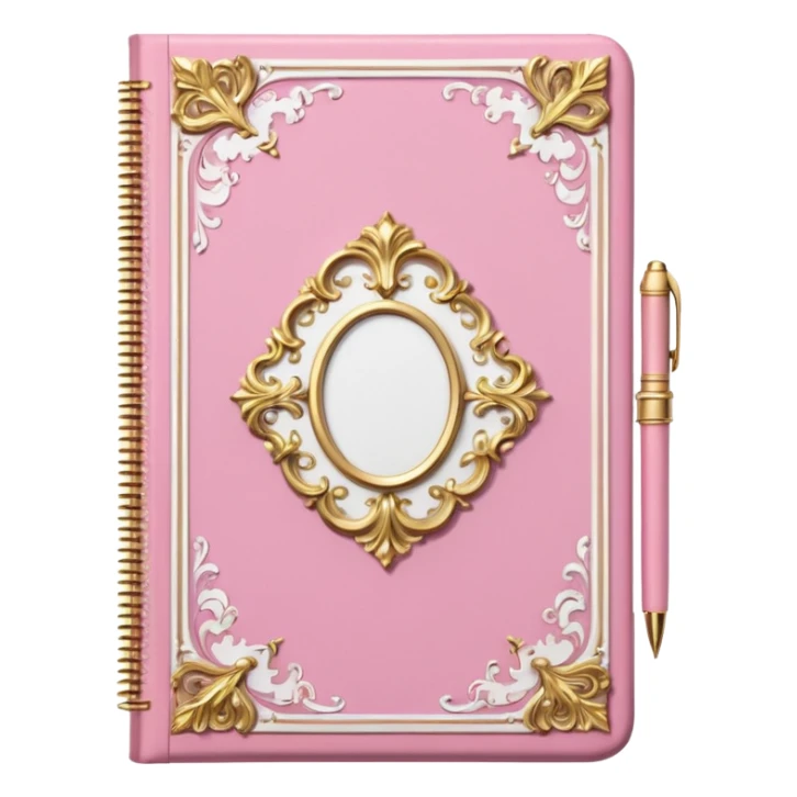 Notebook rococo style, gold and pink and white. angled view. with pen sticker