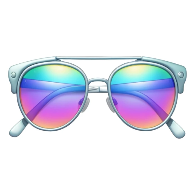 Colorful Y2K glasses with metallic frame, iridescent lenses, futuristic 2000s style sunglasses with digital vibes sticker