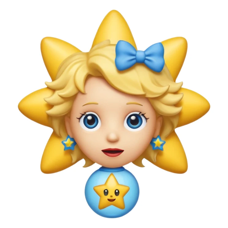 3D emoji head-only, smooth plastic, soft studio light, big round eyes, bold outline, centered, transparent bg,
Maggie Simpson, yellow skin, eight-point star hair with blue bow, red pacifier sticker