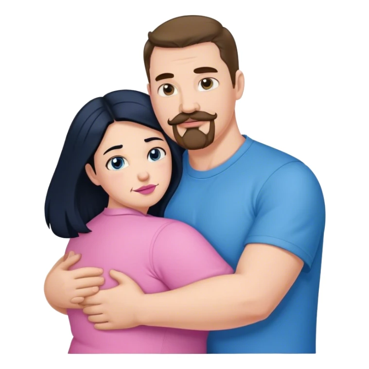 Tall strong white man with brown mustache goatee wearing blue hugging a chubby short pale woman with long black hair wearing pink sticker