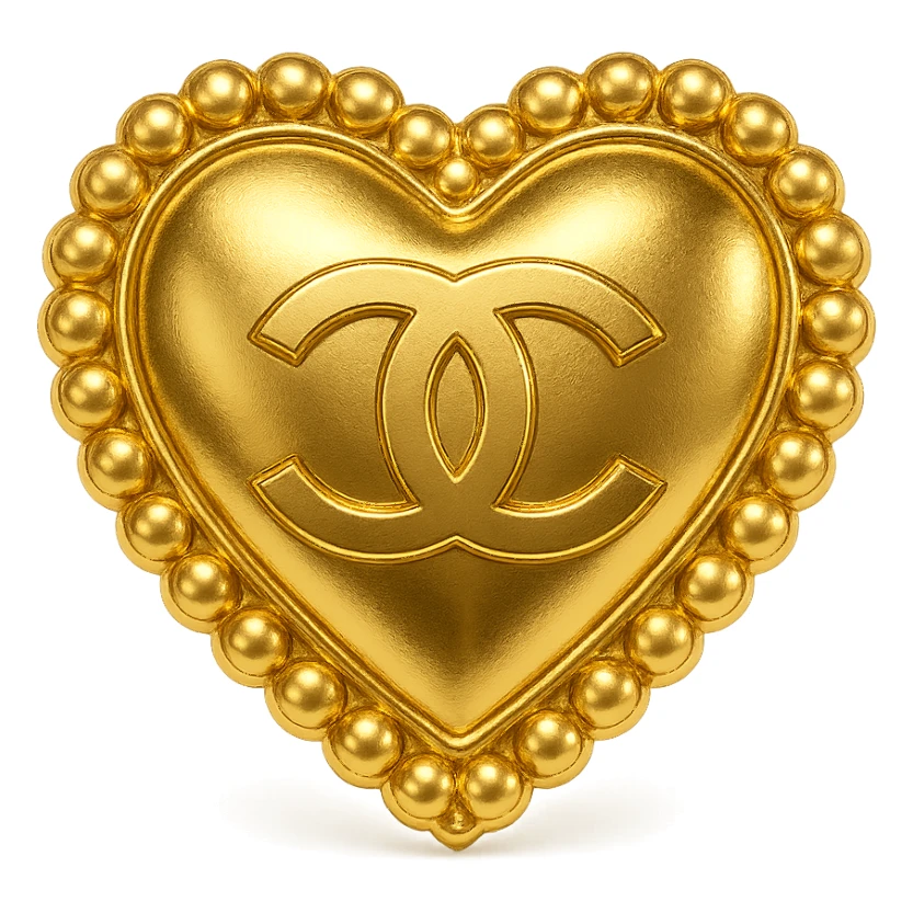 Chanel heart in metallic gold style with a pearl border and interlocking C's, elegant and classic sticker