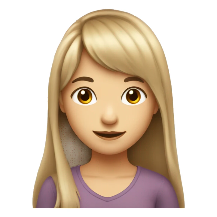 smiling girl with long hair and bangs. Full round face with big cheeks and small hazel eyes sticker