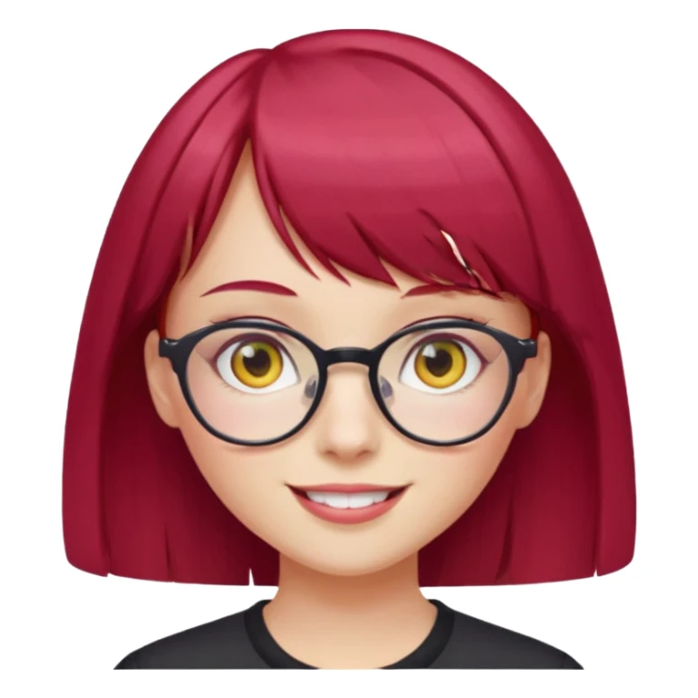 Menina com cabelos vermelho Cherry, liso com franja,olho direito rosa e olho esquerdo amarelo,pele clara e com oculos  sticker