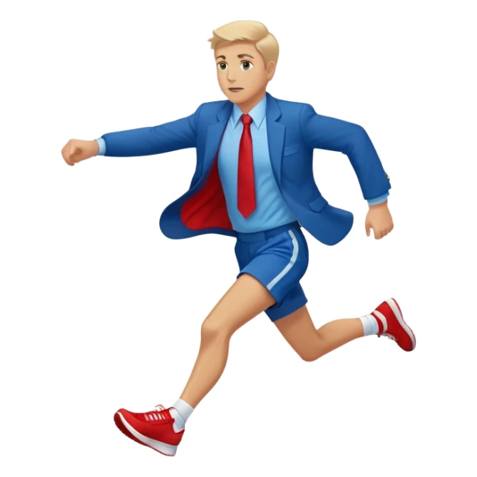 a running white man wearing a blue jacket, shorts, red sneakers, and a flowing red tie sticker