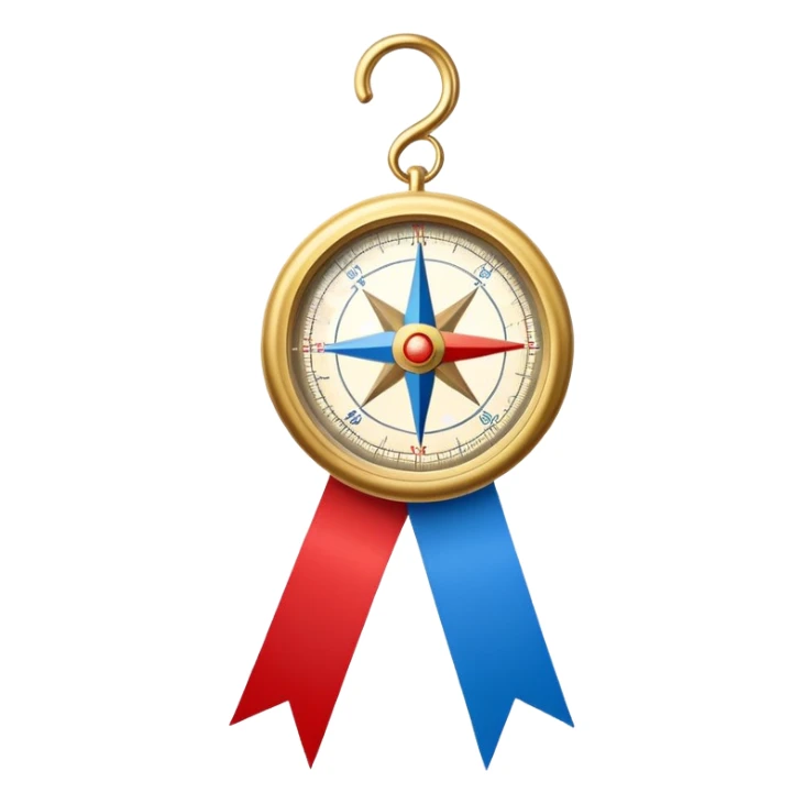 iOS compass with gold trim and blue and red direction markers hanging from a white ribbon sticker