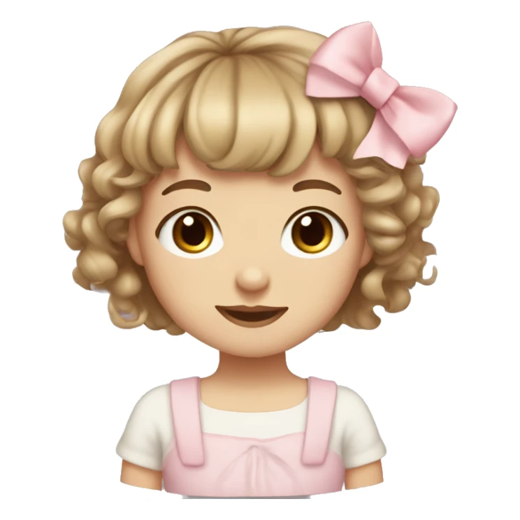 cute girl with light skin, blue eyes, short wavy light brown hair with bangs, light pink bow in hair on the side sticker
