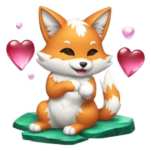 A Kitsune playing with 3 hearts. One Malachite, One Amethyst and One Pearl sticker