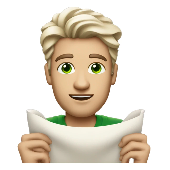 A light-skinned man with piercing green eyes, styled brown hair holding the long white paper scroll sticker