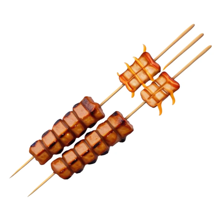 Cinematic Realistic Satay Dish Emoji, depicted as skewered, marinated meat grilled to perfection rendered with rich, smoky textures and dynamic, appetizing lighting. sticker