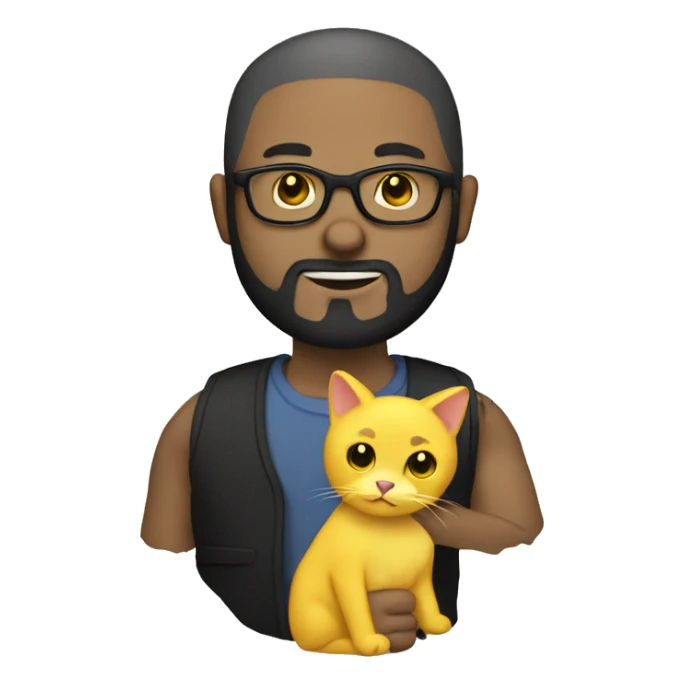 A bald man with glasses and black beard holding a yellow cat in hand sticker